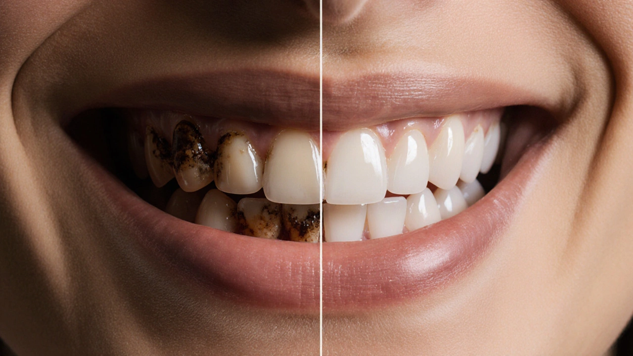 Before-and-after comparison of damaged teeth restored with dental veneers.