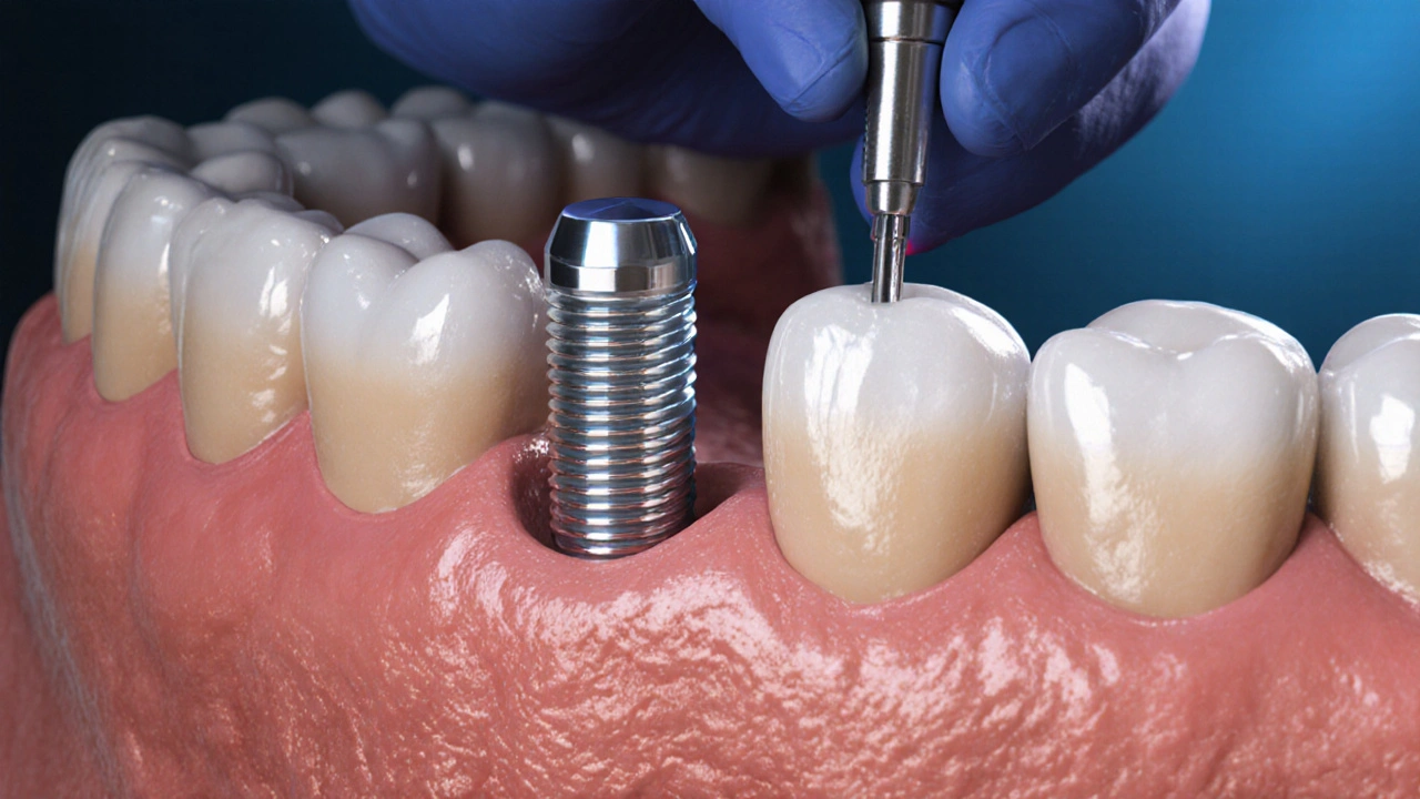 Chirurg vkládá titanový implantát do čelistní kosti s následnou korunkou.