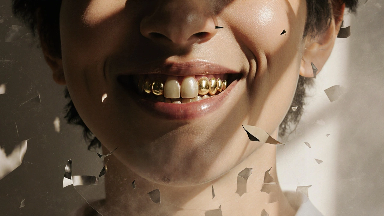 Člověk se usmívá, jeho zuby září zlatou světlostí, strachy se rozplynuly.