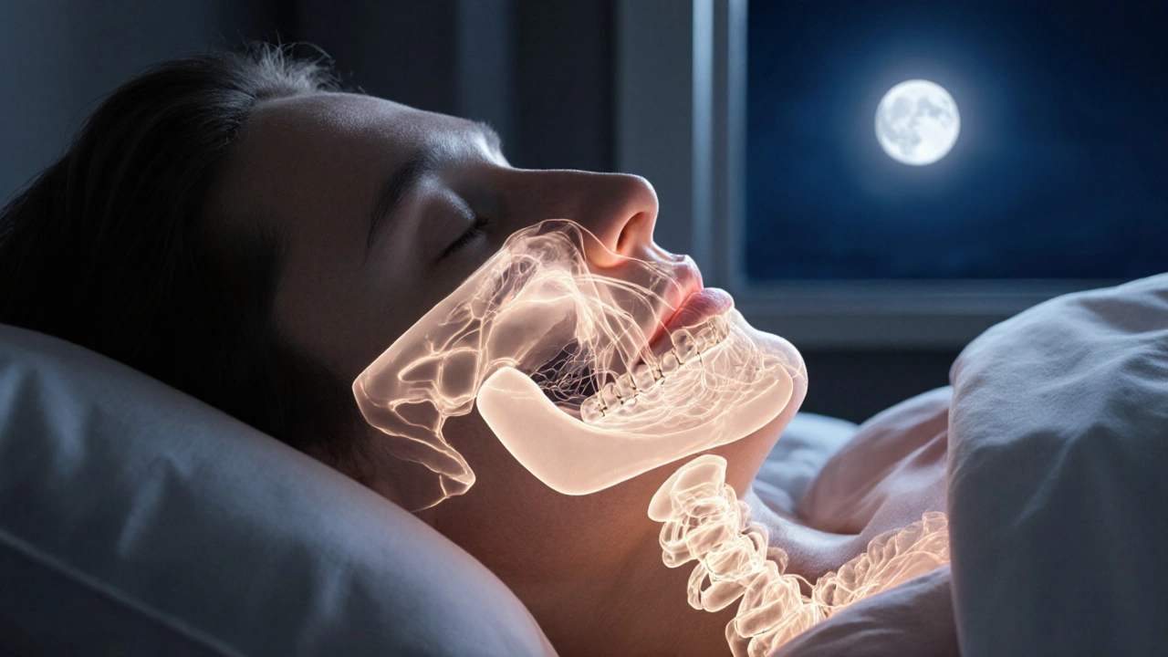 Člověk spí klidně s otevřeným dechovým cestou, bez přístrojů pro apnoe.