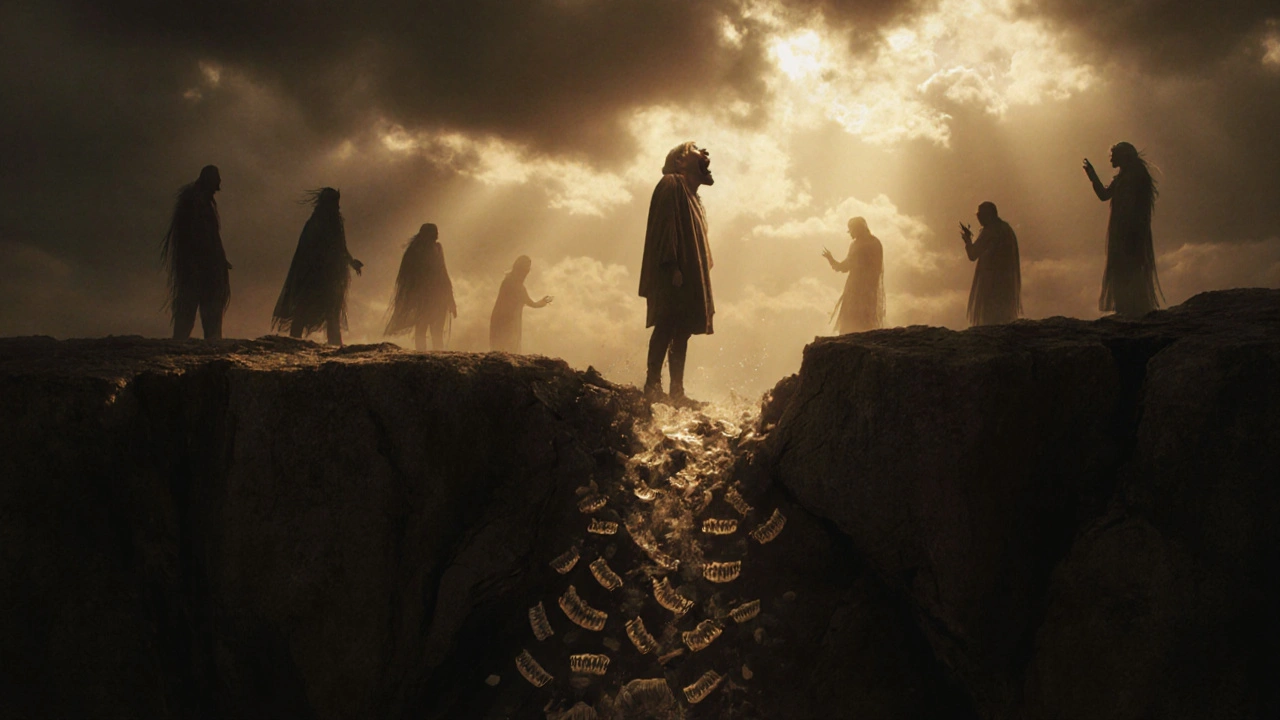 Člověk stojí na okraji propasti, zuby mu padají do tmavé hlubiny.