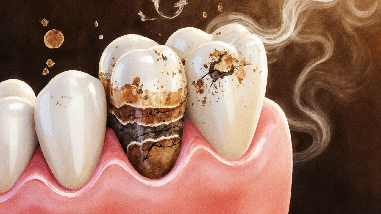 Cross-section of a tooth showing enamel erosion repaired by a porcelain veneer.