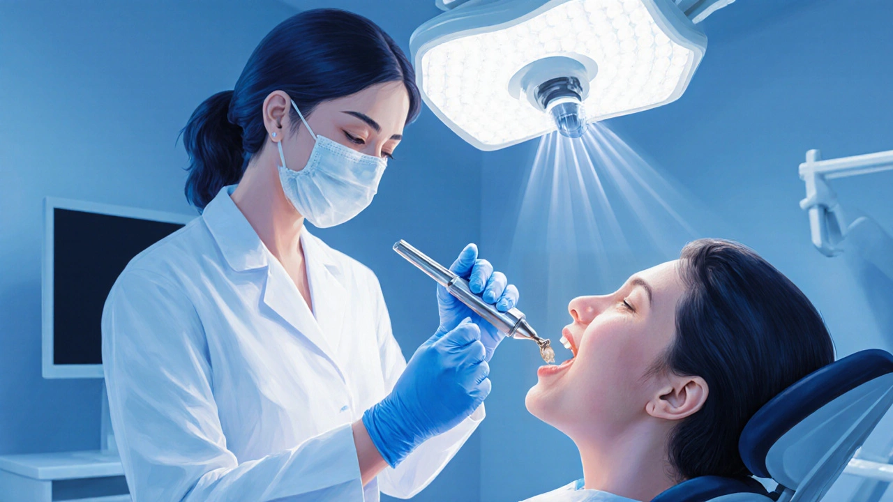 Dentální hygienistka používá ultrazvukový čistič na ústní dutinu pacienta.