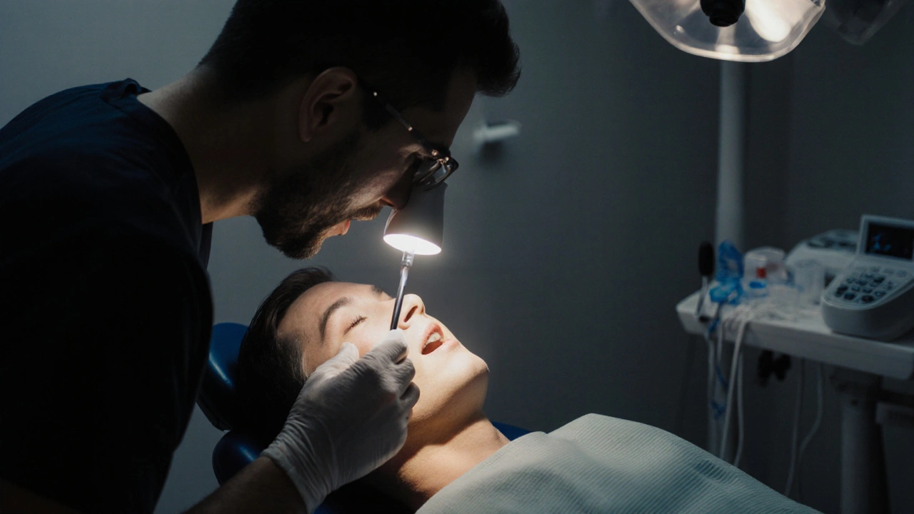 Dentista kontroluje poškozenou protézu pod silným světlem.