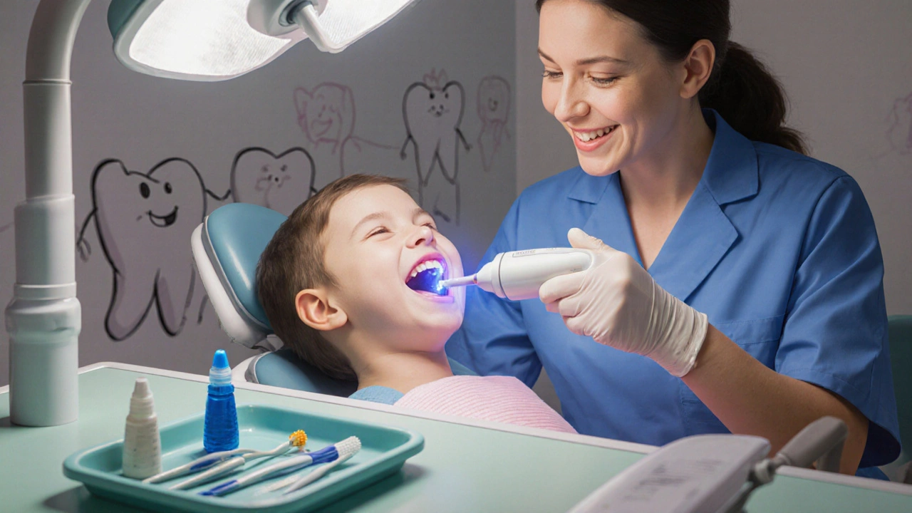 Dentista odstraňuje zubní kámen u dítěte pomocí ultrazvukového scaleru.