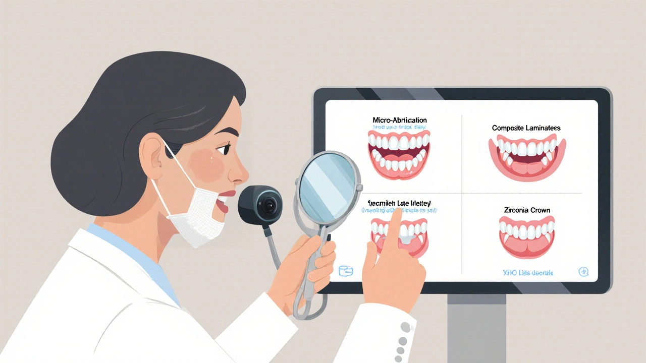 Dentista při konzultaci ukazuje pacientovi modely různých estetických ošetření.