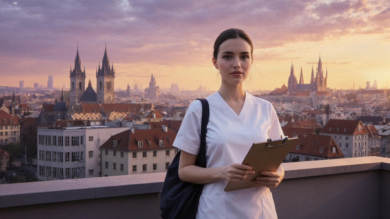 Digitální malba hygienistky na balkóně s výhledem na Prahu, symbolizující kariérní růst.