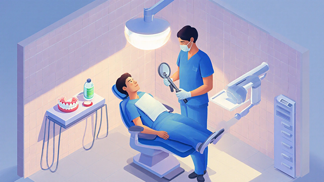 Izometrické zobrazení moderní zubní ordinace s dentálním lékařem a vybavením.