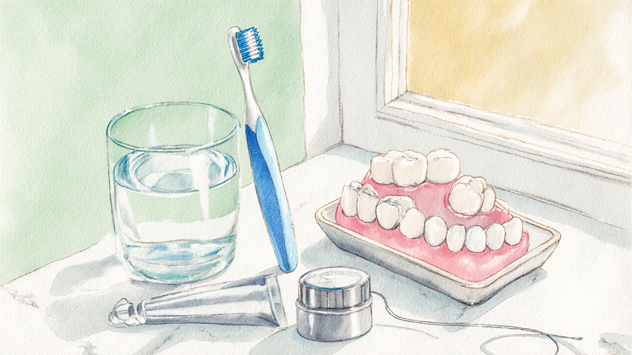 Kartáček, dentální nit a lesklé fazety na ruce.