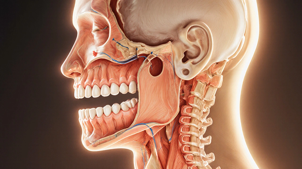 Křížový řez hlavy ukazující postupné vyrovnání zubů a zlepšení průtoku vzduchu.