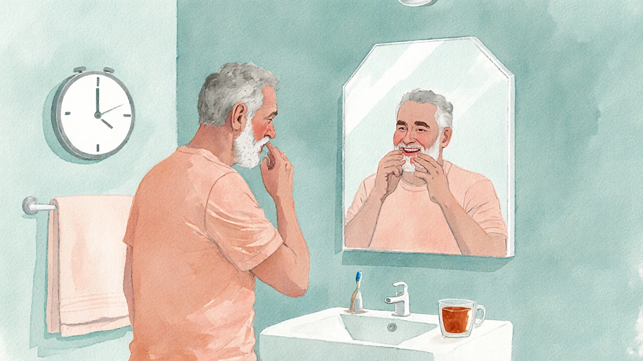 Muž si v koupelně upravuje nasazovací zuby před zrcadlem během první týdne.