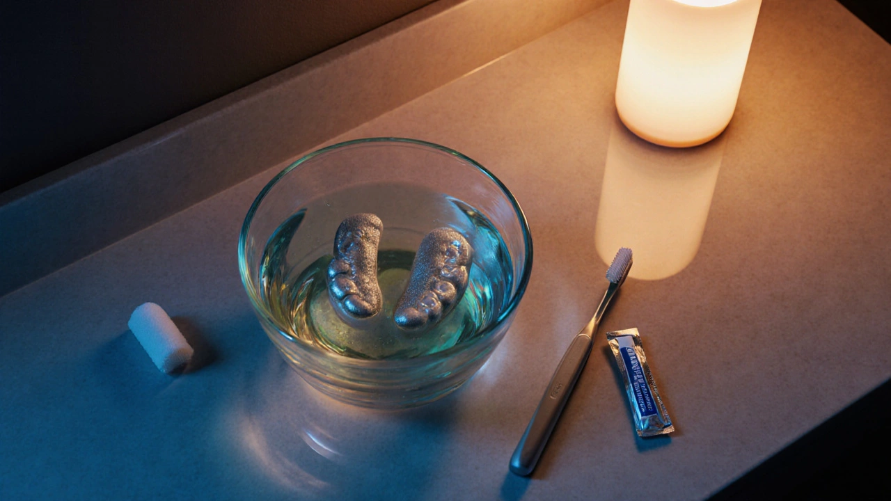 Noční úklid dentury v misky s vodou, vedle kartáčku a pasty pod teplým světlem.