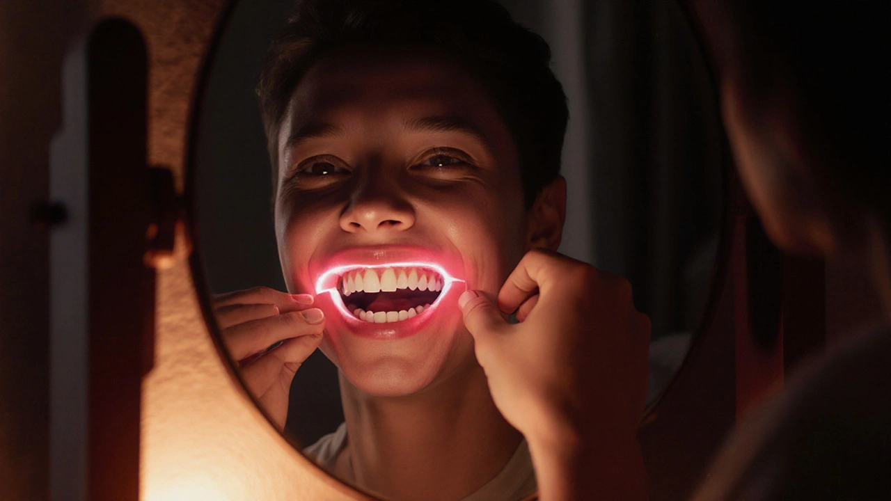 Osoba používá zubní nit ve večerním osvětlení, viditelné zánětlivé dásně.