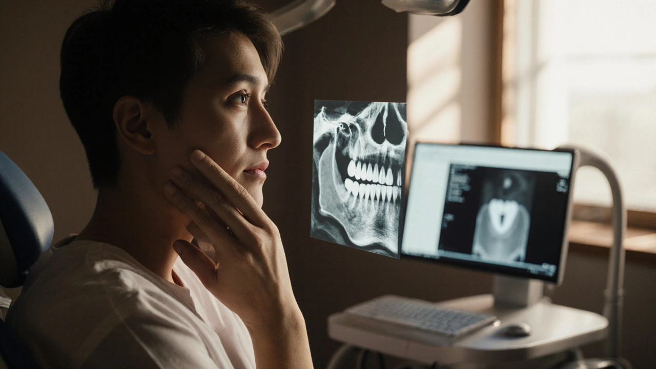 Osoba s podezřením na prasklinu zubu, s průhledným zobrazením vnitřního poškození.