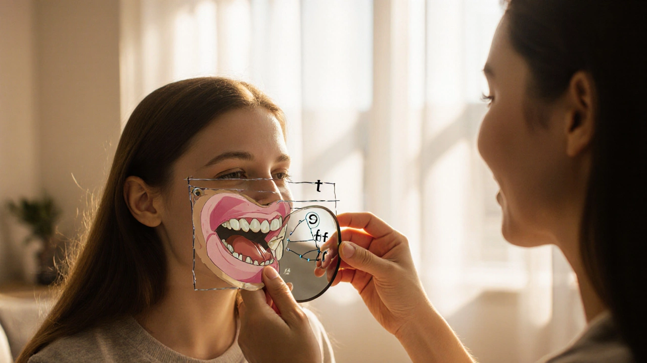 Pacient s rovnátky a logoped cvičí výslovnost před zrcadlem v slunné ordinaci.