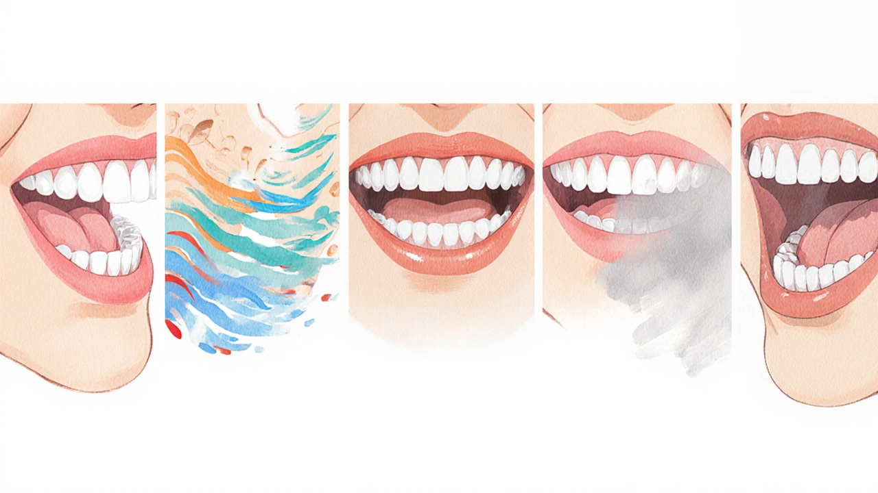 Pěti panelů znázorňujících různé skusy zubů a barevné vlny ukazující poruchy výslovnosti.