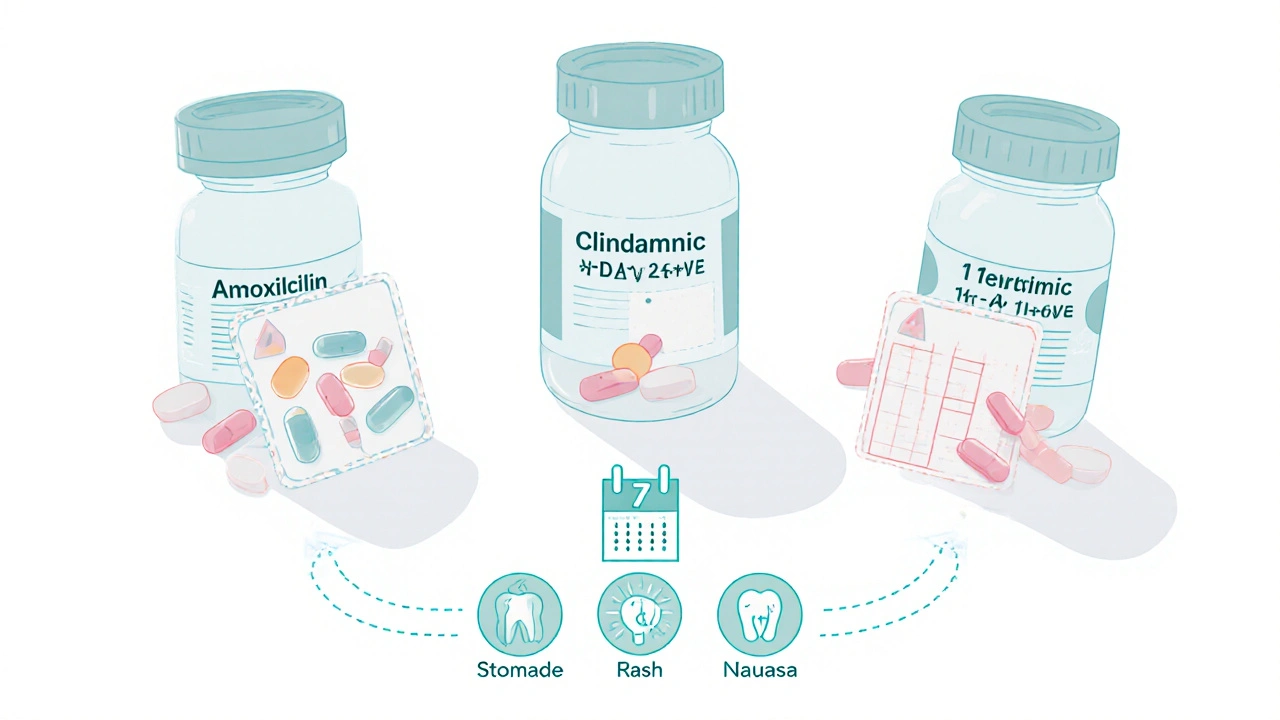 Pillové balení amoxikilinu, klindamycinu a metronidazolu na stole s dávkovacím grafem.