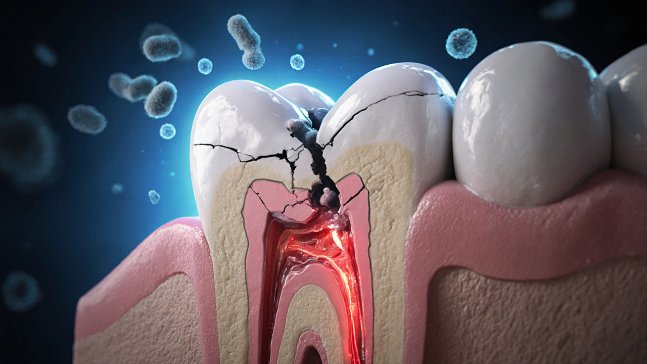 Průřez zubem s bakteriemi pronikajícími do dentinu a kyselinou ničící tkáň.