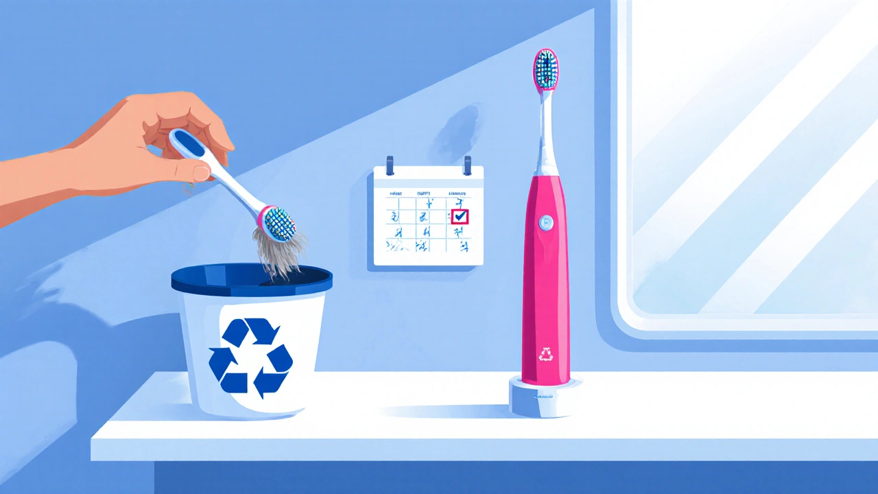 Ručně vkládá starou hlavici do recyklačního koše, vedle nové čisté hlavice.