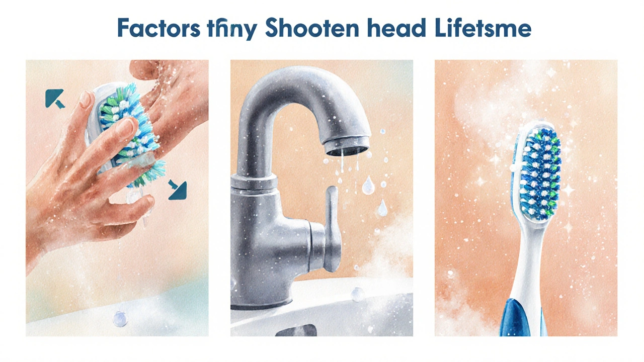 Scéna ukazuje faktory zkracující životnost hlavice: tlak, tvrdá voda a vlhké úložiště.