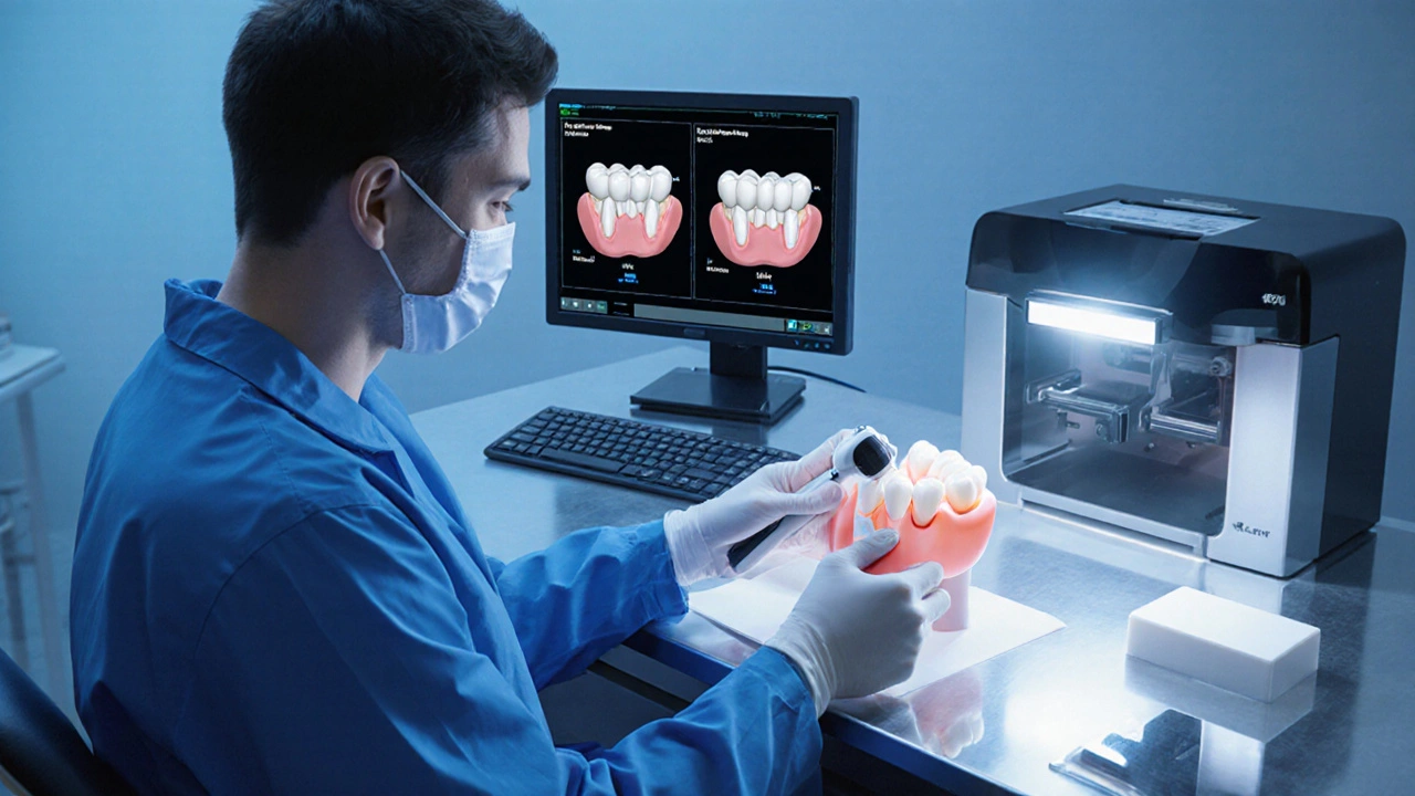 Technik v dentální laboratoři používá digitální skener a 3‑D tiskárnu na výrobu fazety i korunky.