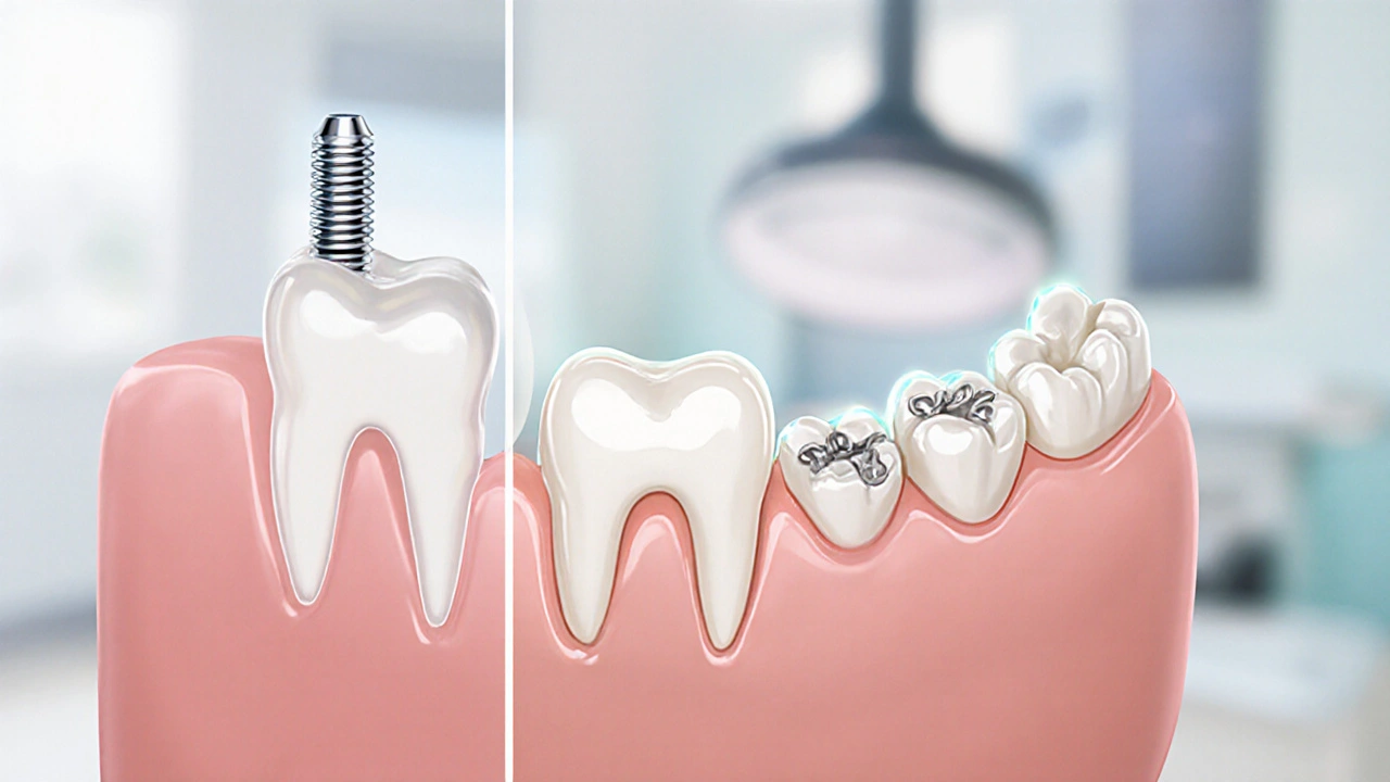Ukázka implantátu, mostu a částečné dentury v jednom úseku úst.