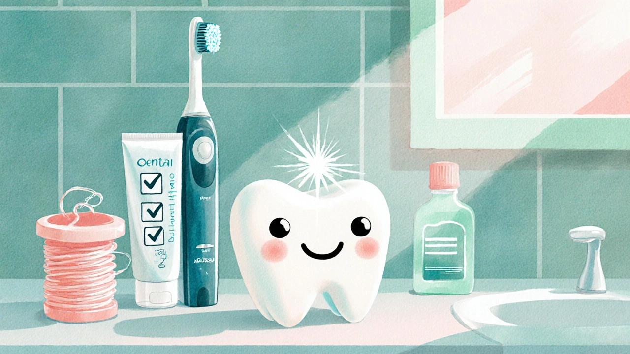 Veselá ilustrace denní ústní hygieny: elektrický kartáček, nit a ústní voda.
