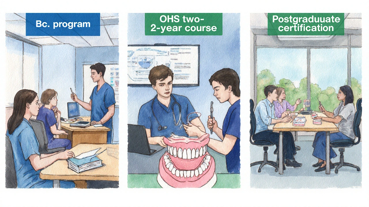 Vodová kresba třech studijních cest: bakalář, OHS a postgraduální certifikát.