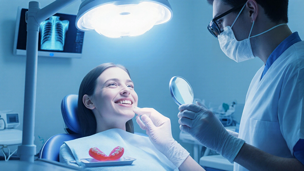 Zubař kontroluje fazetu u pacienta v ordinaci.