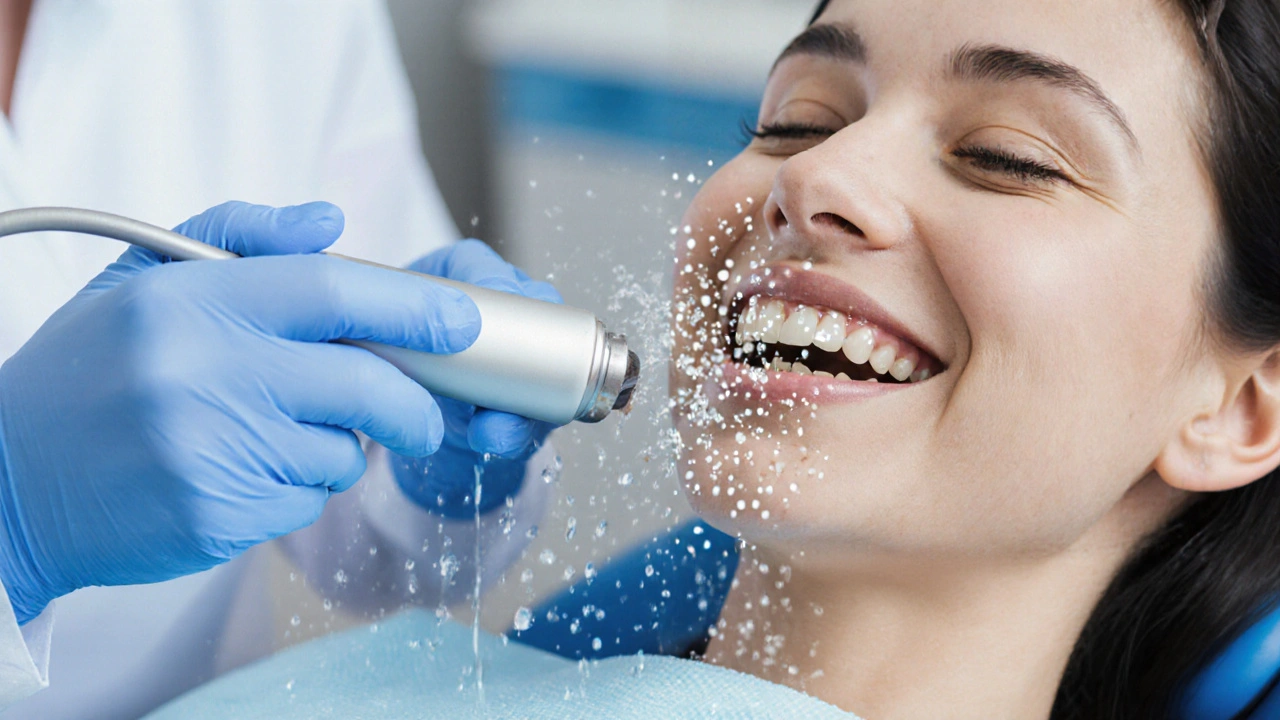 Zubní hygienistka odstraňuje zubní kámen ultrazvukovým přístrojem.