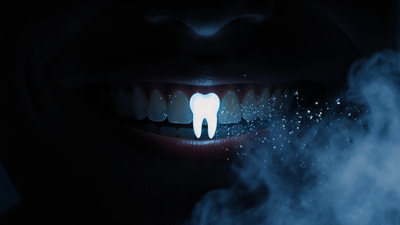 Adult smile with a fluoridated molar glowing as minerals rebuild enamel.
