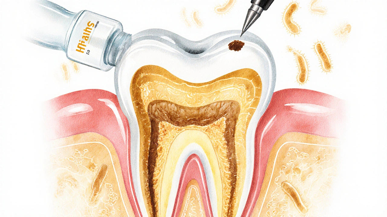 Cross-section of a tooth showing superficial caries being treated and sealed with fluoride.
