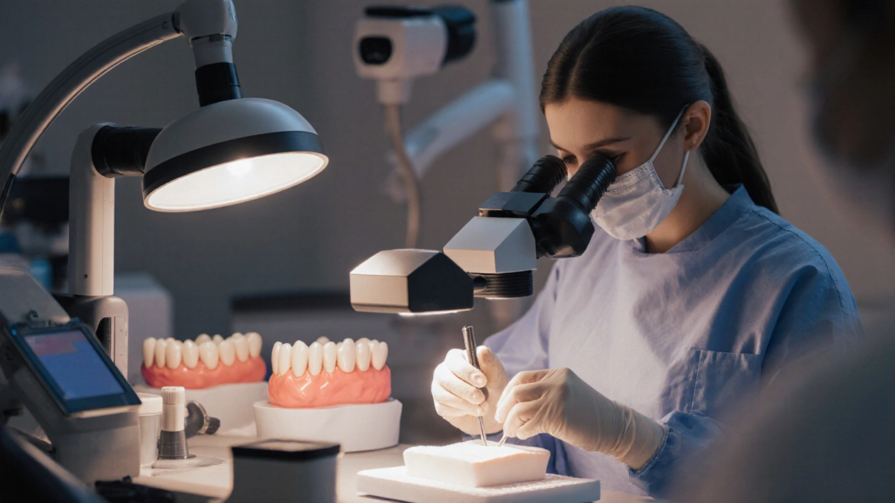 Dentální technik v laboratoři vyrábí keramickou fazetu s přesnými nástroji