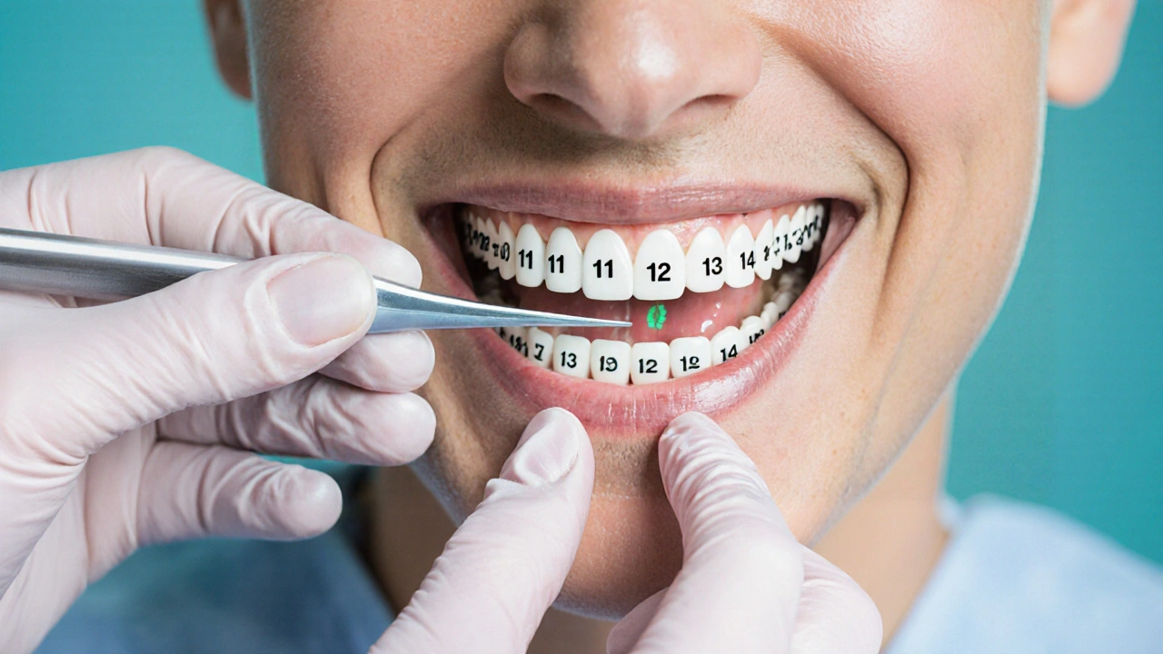 Dentistka s překryvem FDI čísel na zubech a starým systémem vzadu.