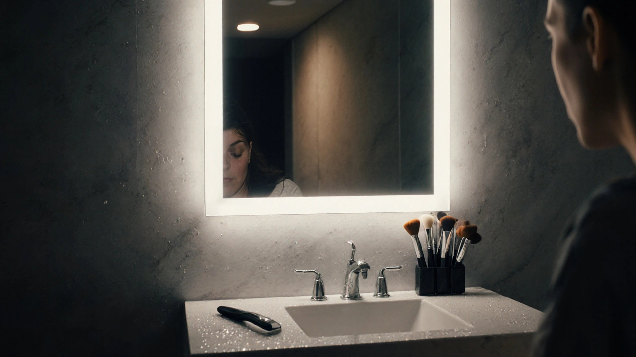 Detailně osvětlené zrcadlo s integrovaným LED světlem a kosmetikou na umývadle.