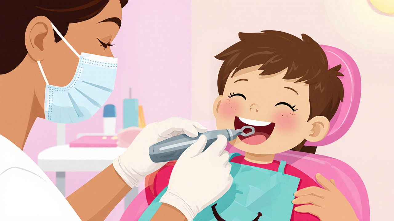 Dětský zubař odstraňuje zubní kámen ultrazvukovým přístrojem.