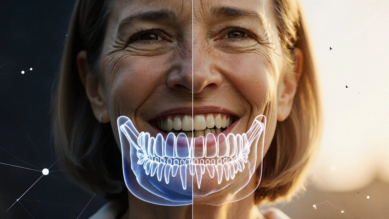 Dvoustranný portrét ženy: jedna strana s křivými zuby, druhá s přímými, mezi nimi 3D sken čelisti.