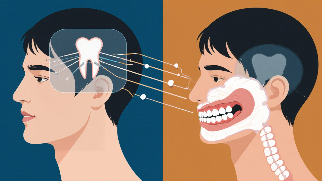 Ilustrace hlavy s přehledem, jak křivé zuby ovlivňují čelist, hlavu a trávení, proti vyrovnání zubů.