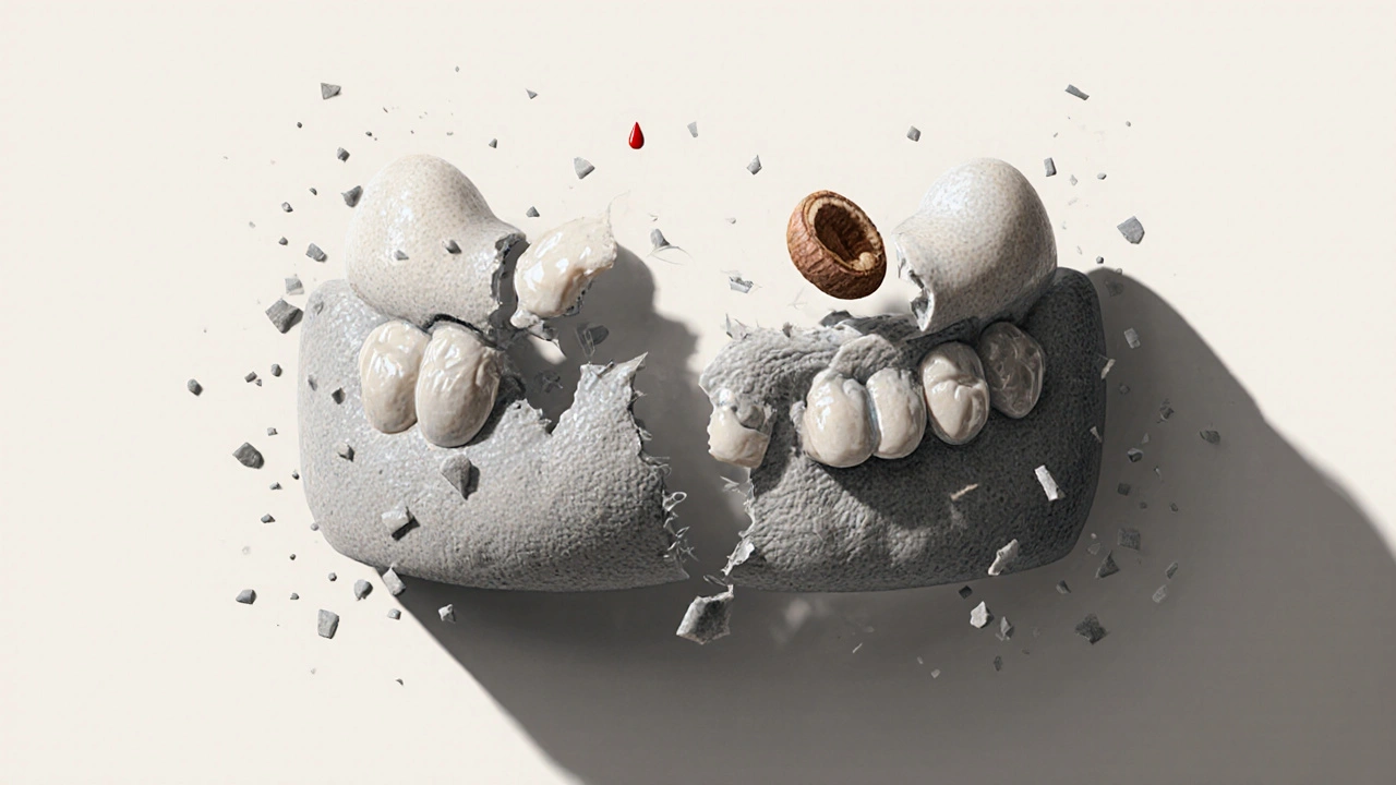 Keramická braketka se praská pod tlakem tvrdého ořechu.