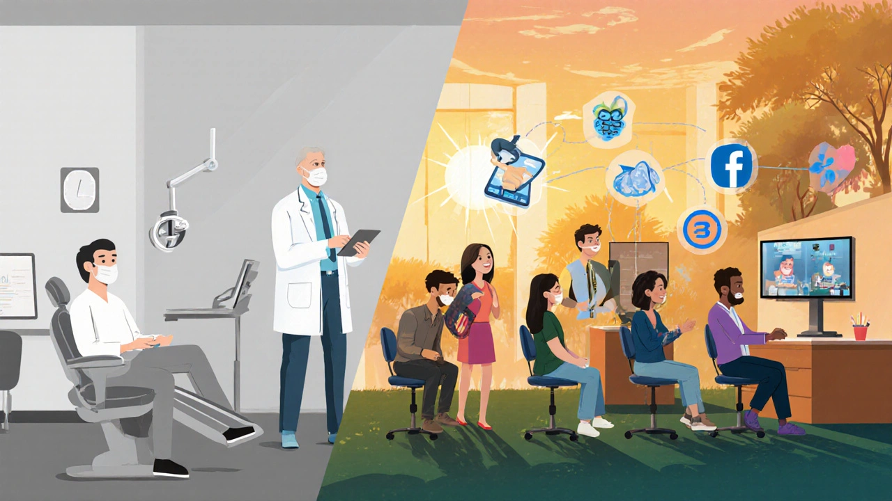 Kontrast mezi malou zubní praxí a rozsáhlou, úspěšnou klinikou s více pacienty a zaměstnanci.