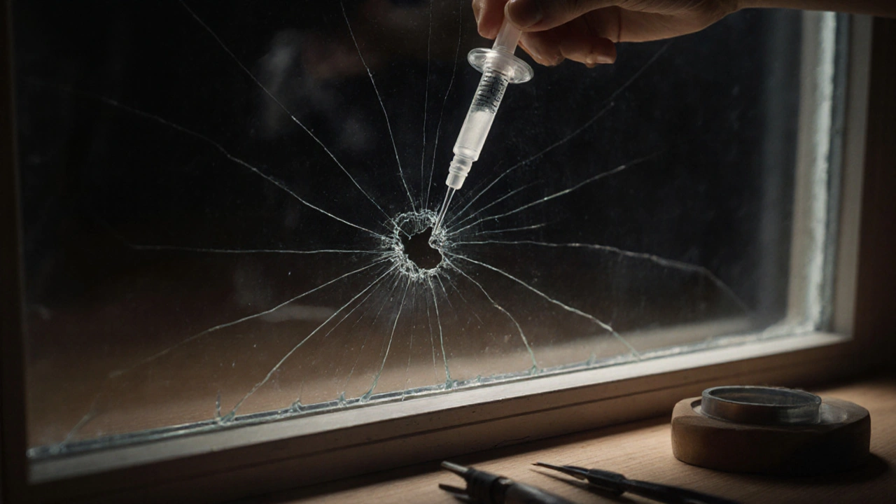 Malá trhlina v skle je vyplněna pryskyřicí pomocí kapátky.