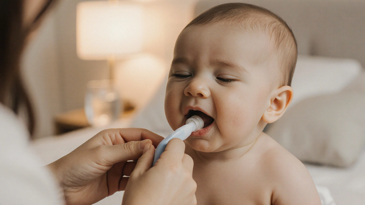 Matka čistí první zuby dítěte měkkou houbičkou po kojení.