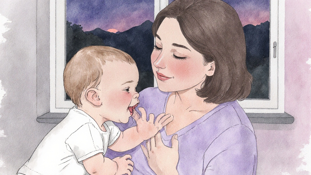 Matka jemně přerušuje kojení, když dítě kousne, s klidným výrazem.