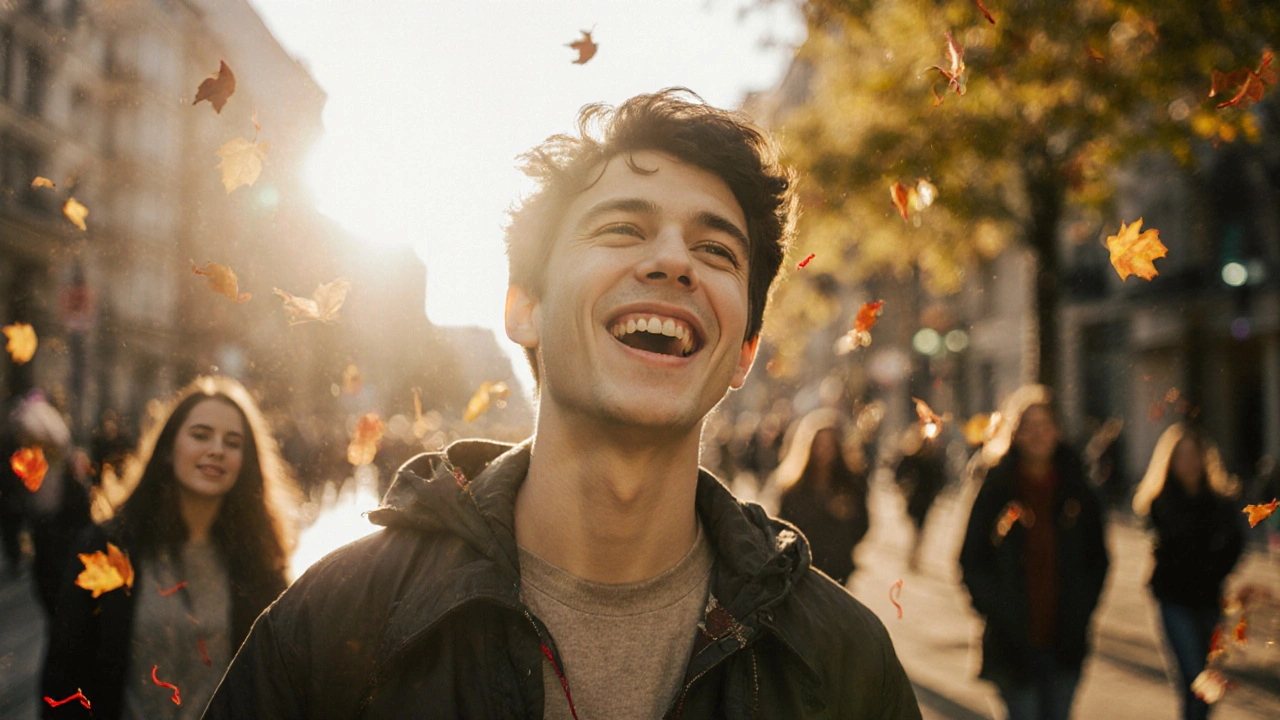 Osoba se směje na ulici s červenými gumičkami na rovnátkách, září jarní slunce.