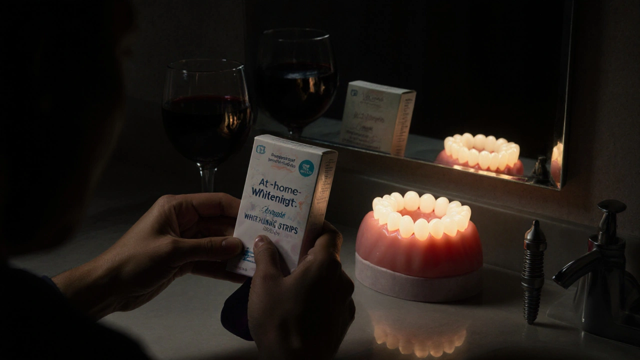 Person holding whitening strips next to coffee and wine, with dental crown and damaged enamel reflected in mirror