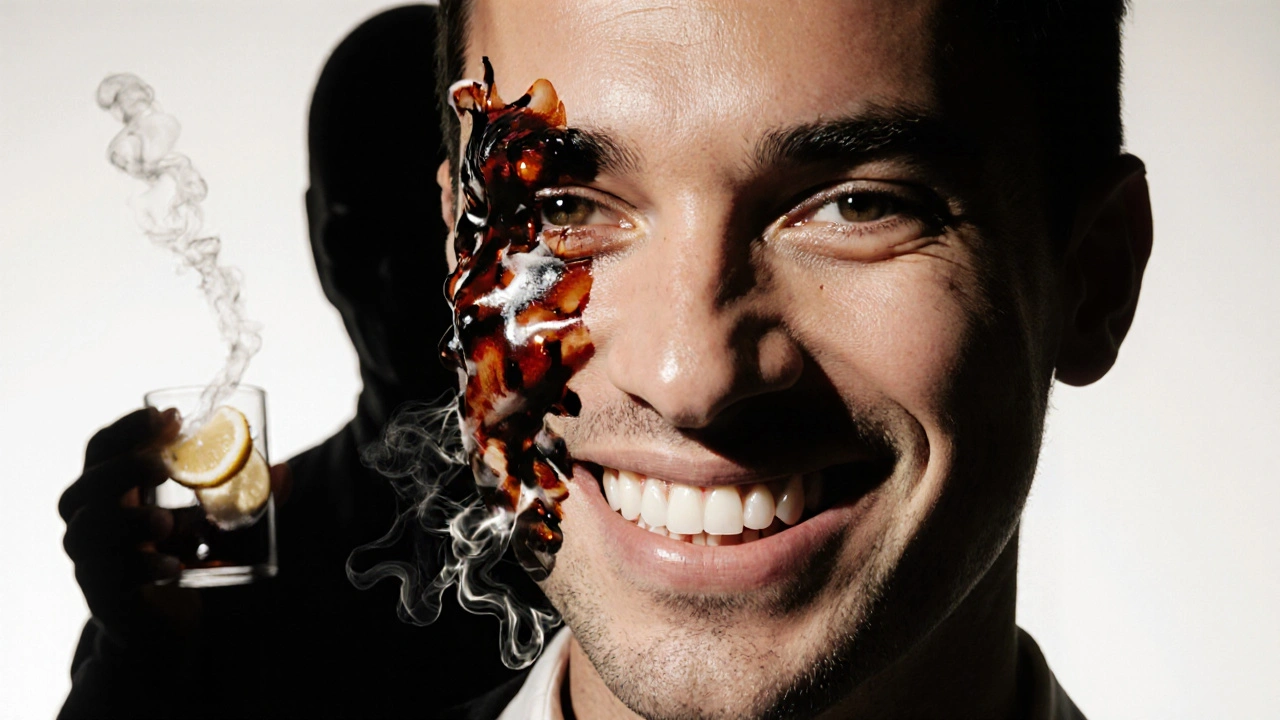 Person with bright smile as dark stains fade, shadowy dangerous home remedy behind.