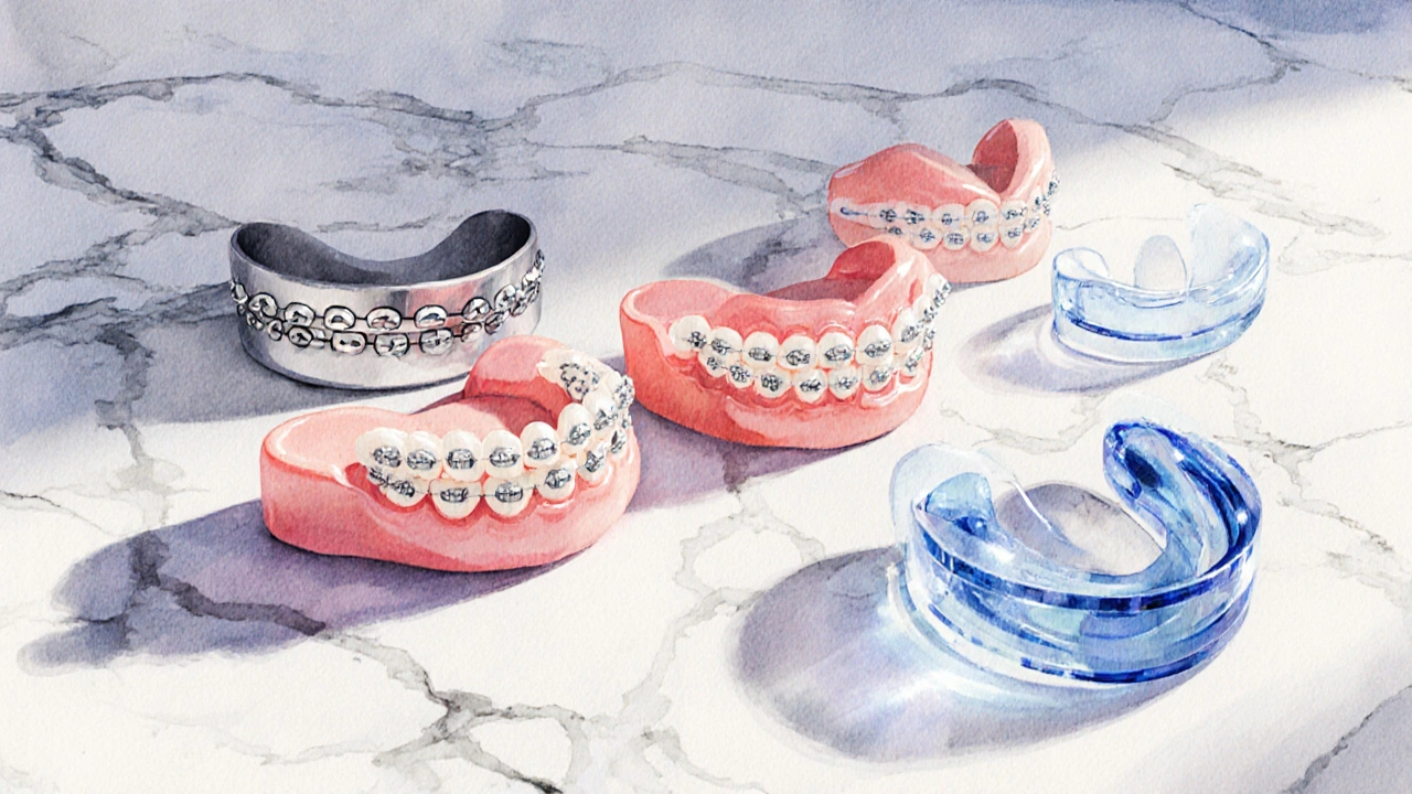 Pět typů ortodontických zařízení uspořádaných na mramorové ploše: kovové, keramické, safírové, linguální a neviditelné šablony.