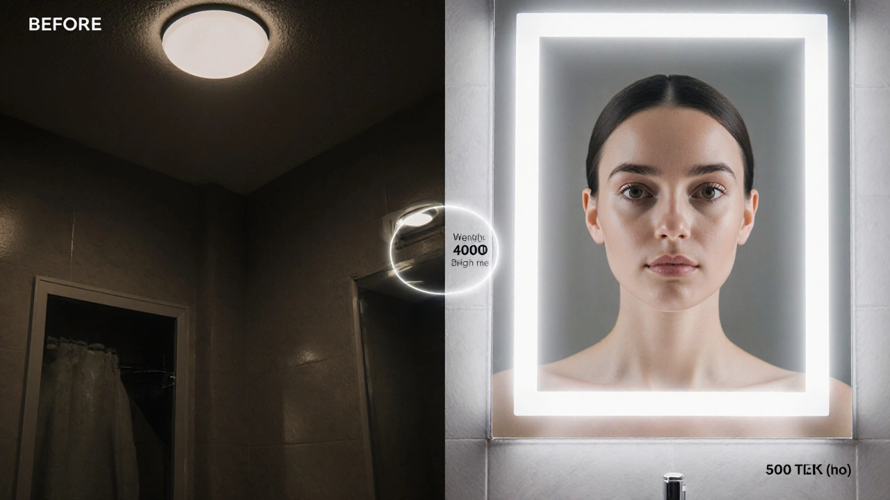 Porovnání špatného a dobrého osvětlení zrcadla v koupelně: stín vs. rovnoměrné světlo.