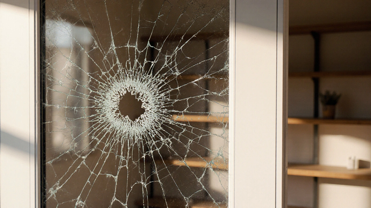 Poškozené sklo je překryto dekorativní nálepkou s květinovým motivem.