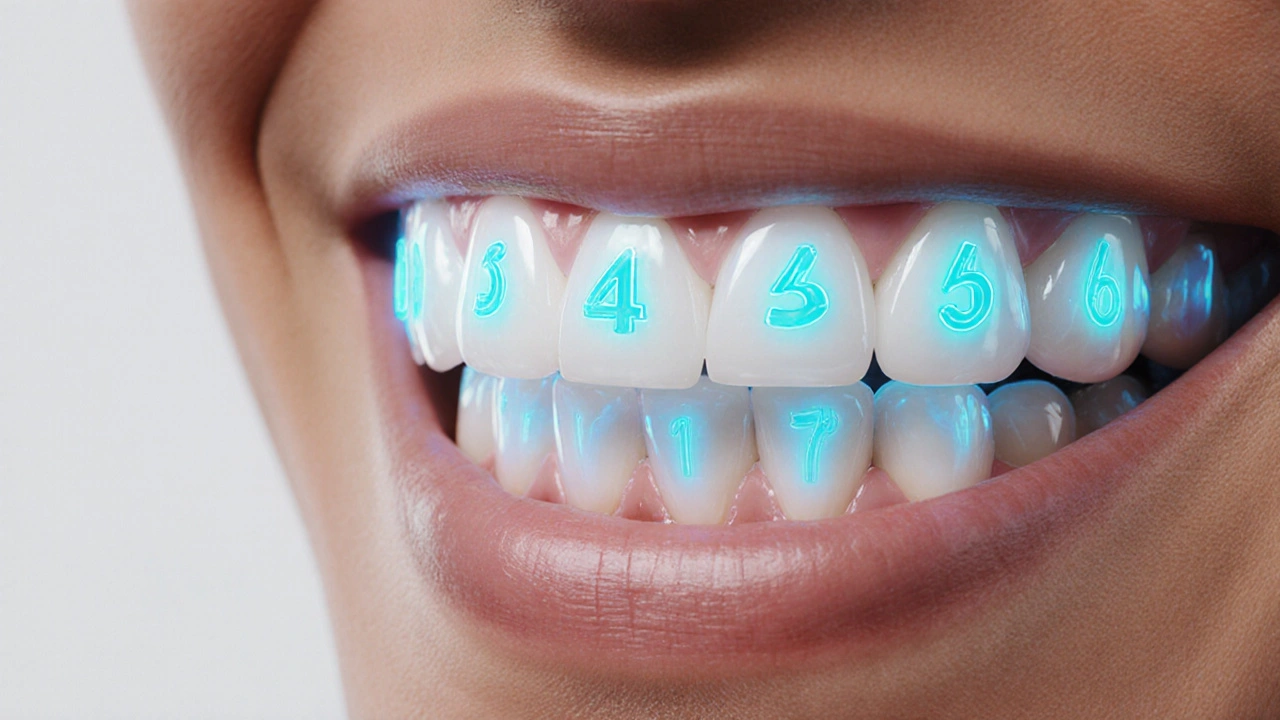 Přehled trvalých a mléčných zubů v čtyřech kvadrantech s čísly.